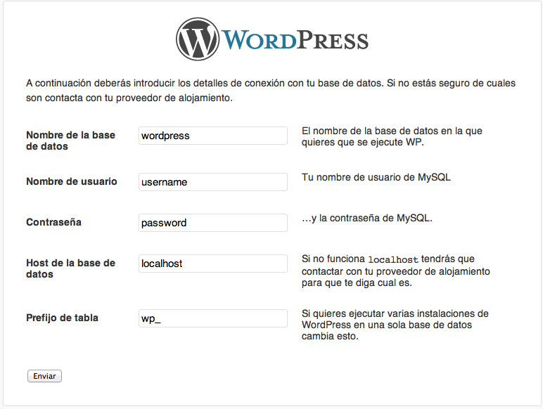Configuración base de datos wordpress