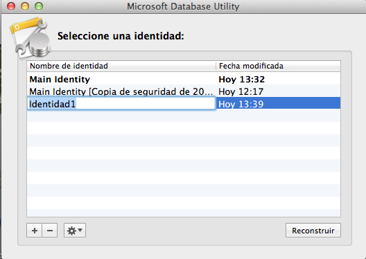 Crear nueva identidad - Microsoft Database Utility