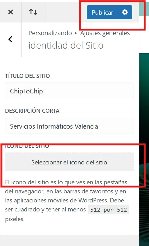 seleccionar y publicar icono del sitio wordpress